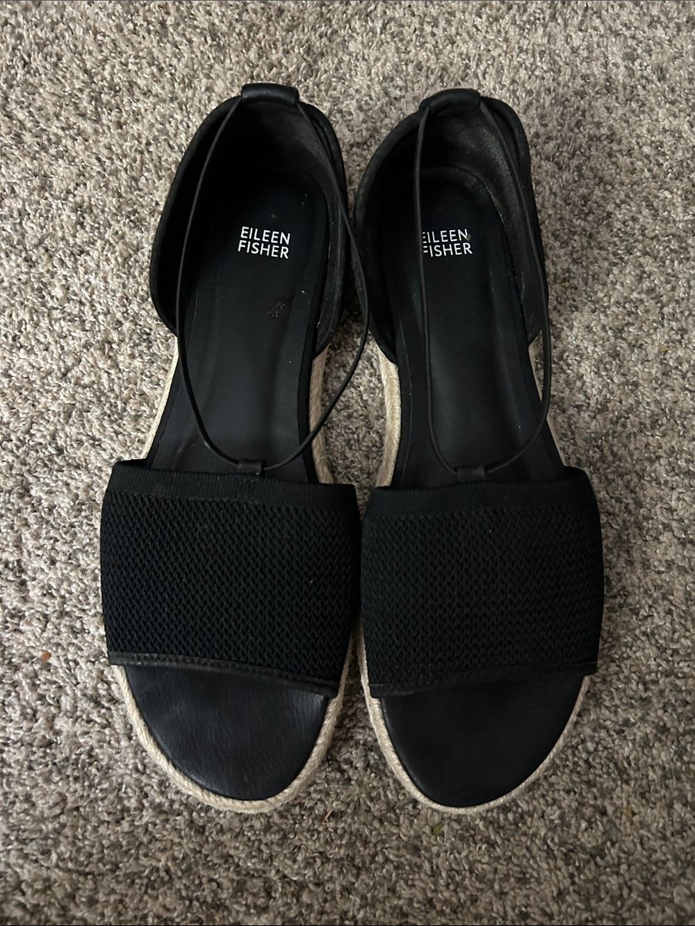 Eileen Fisher Black Mesh Espadrille Flat Sandals,‎ Size 11.5